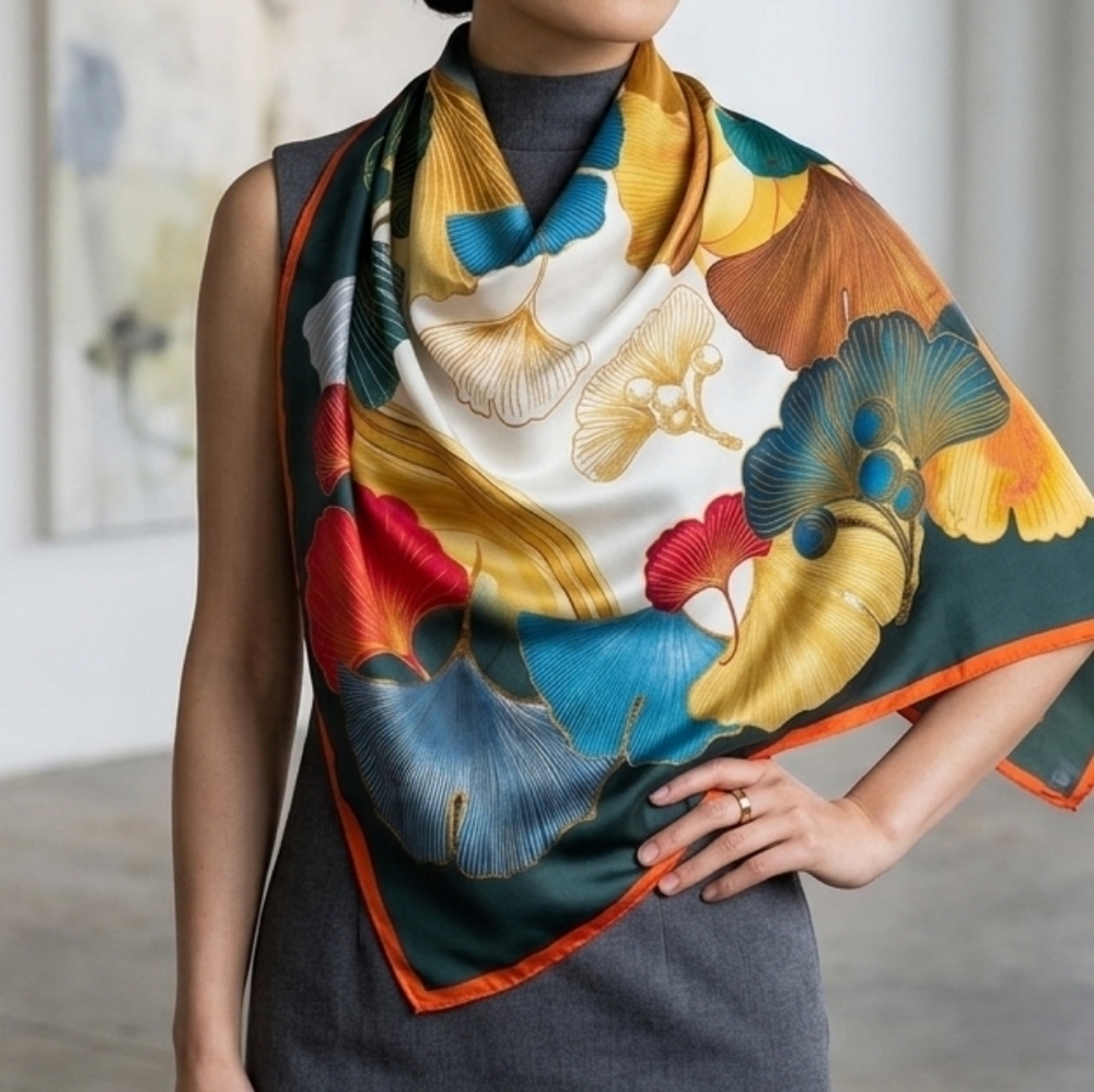 NWT Luxury Ginkgo Leaf Satin Square Neck Scarf Head Wrap Green & Gold 35" × 35"